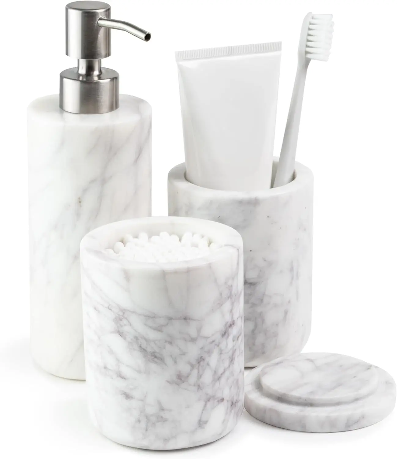 

White Marble Bathroom Accessories Set, 3-Piece Soap Dispenser, Toothbrush Holder & Canister with Lid for Vanity Decor