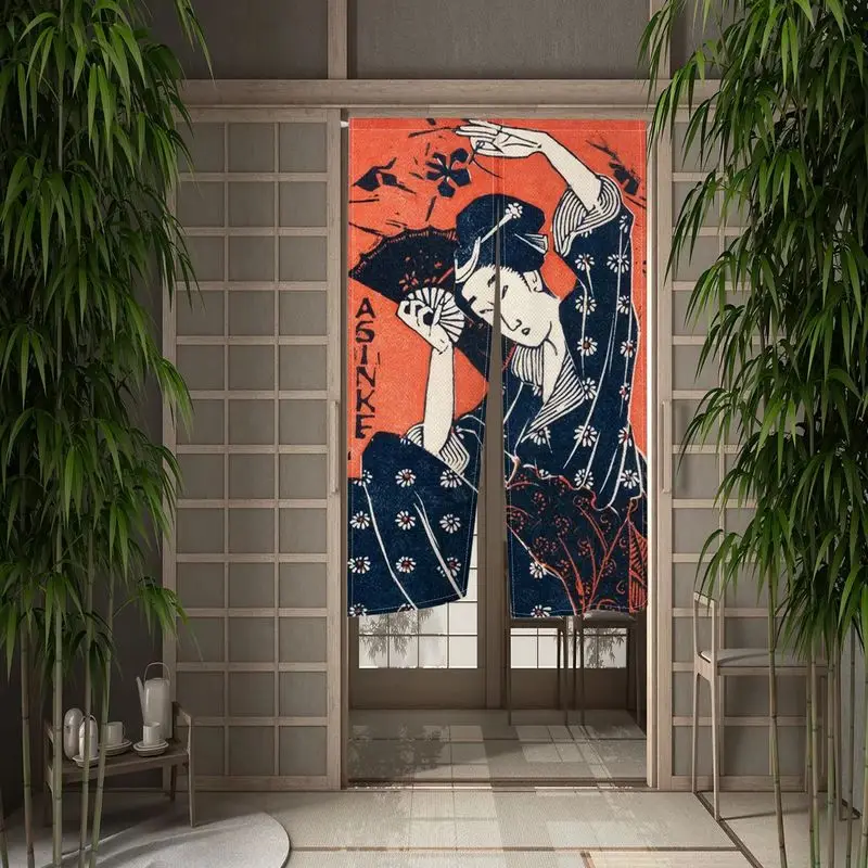VIKAMA Japanese Noren Rod Pocket Single Curtain Ukiyo-e Geisha Fan Vintage Kimono Floral Print Tea Room Partition Decor