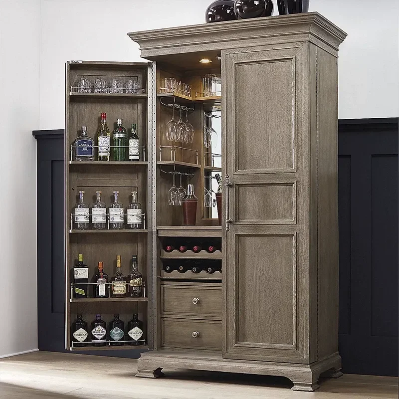 Retro Solid Wood Wine Cabinet Wall Mounted Dining Sideboard Storage Rack Locker for Small Apartment Household