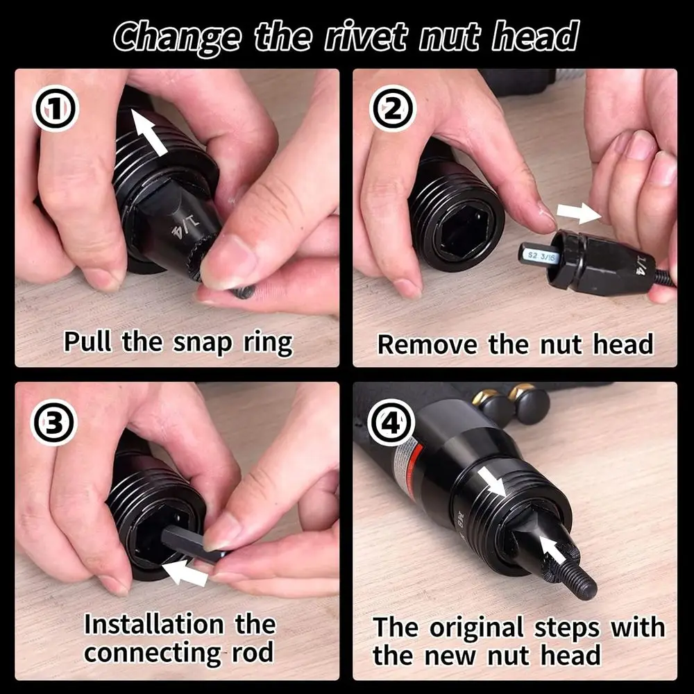 Rivet Nut Gun Air Rivet Nut Pull Setter Tool with 4 Size Quick-Change Nose-Piece Assembly, 5pcs Mandrels Included with Each Size
