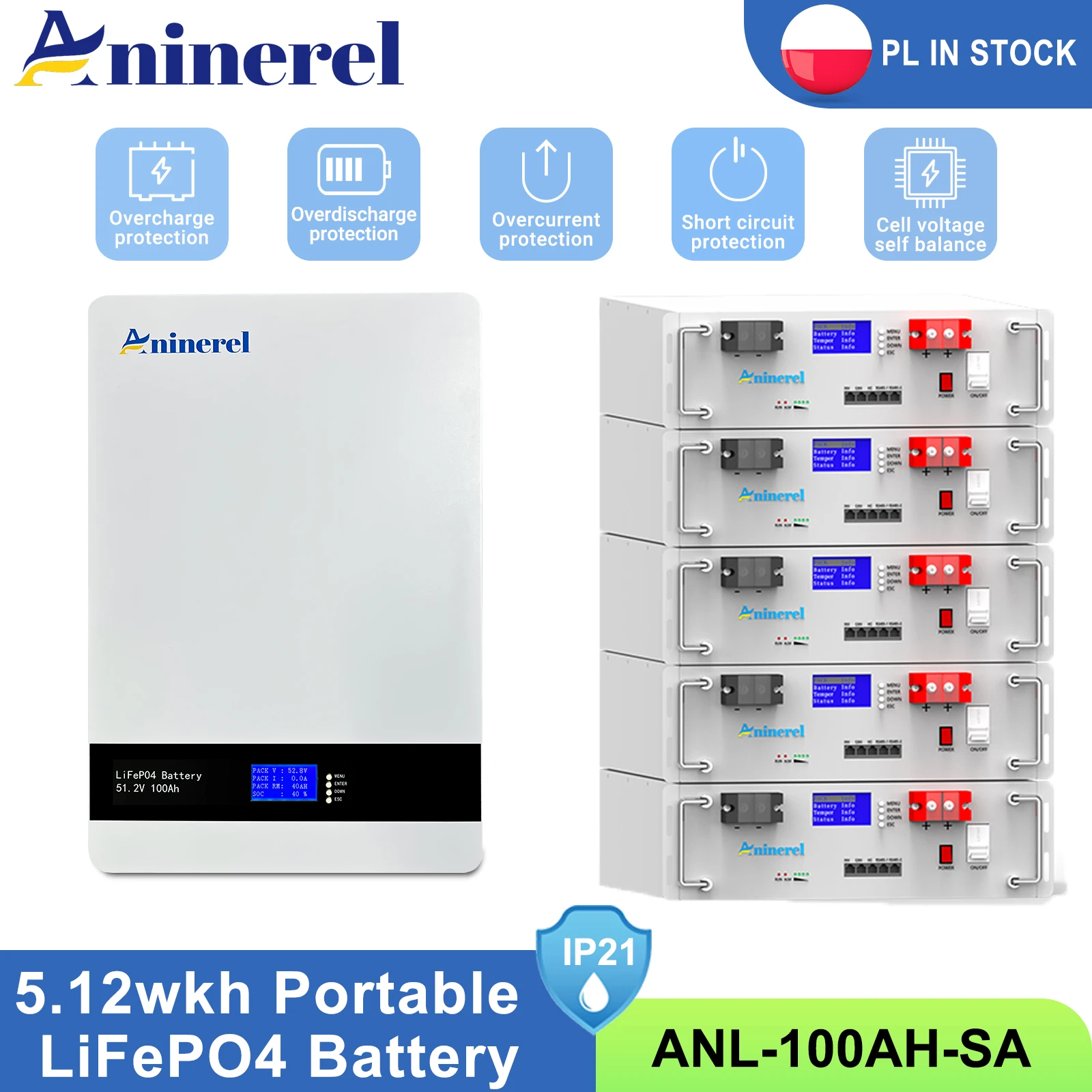 Aninerel 51.2V 5.12Kwh 100Ah LiFePO4 Battery Pack 6000 Cycles 51.2V BMS 100Ah Solar Energy Storage Lithium Battery PL EU STOCK
