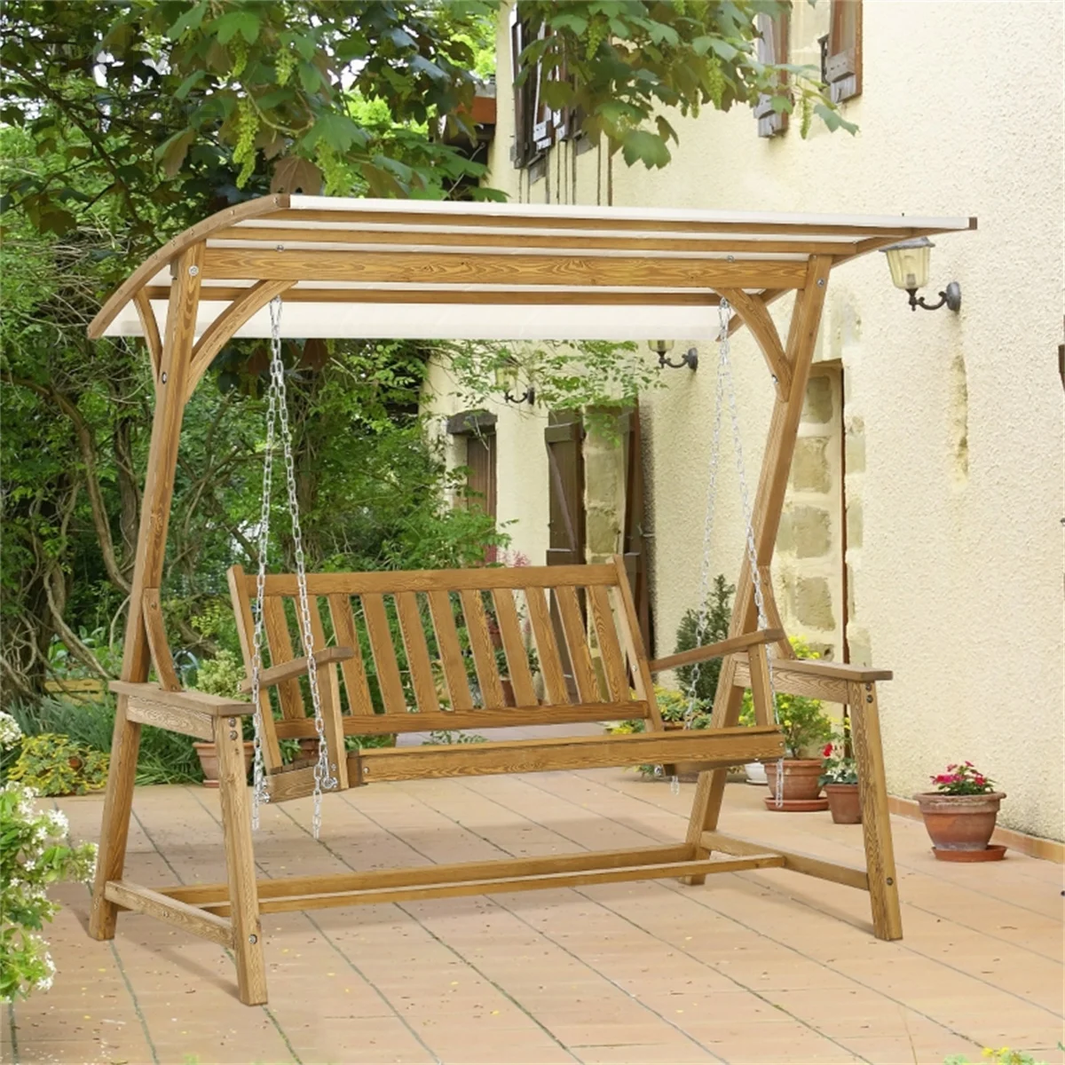 

2 Seater Outdoor Swing Loveseat with Canopy and Hanging Chains, Patio Swing Chair, Wooden Porch Swing Glider, for Garden