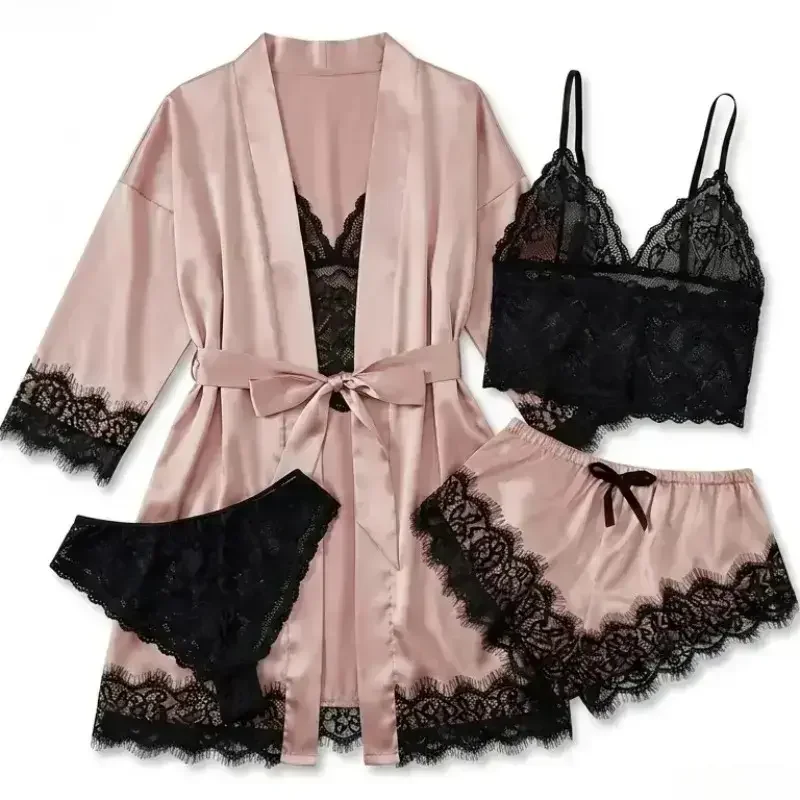 Women's 4-Piece Satin Pajama Sets - Shortsleeve, Sexy, Soft Silky Fabric with Floral Lace Long Robe & Nightgown, Fitted All Seasons Sleepwear, Casual Loungewear for Home Relaxation, Ideal Gifts