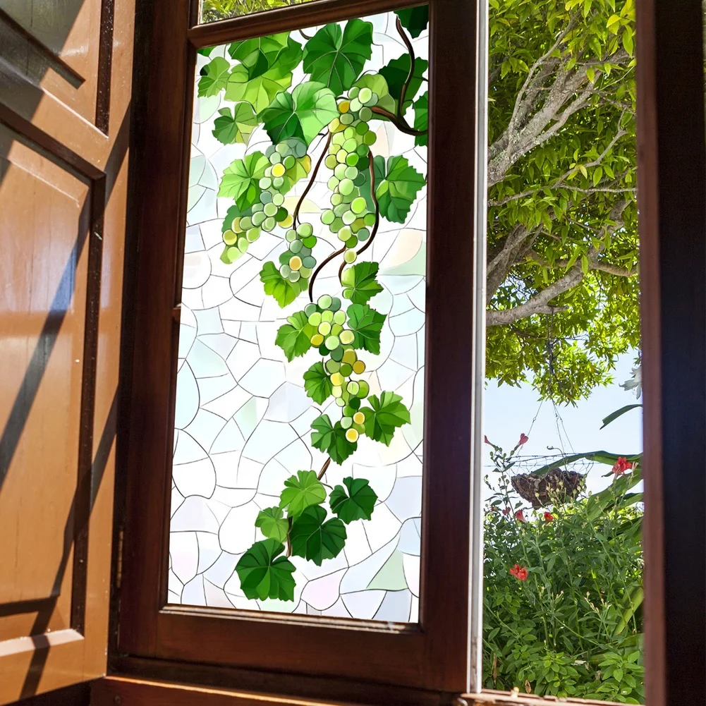Window Decal with Cartoon Green Grape Vine Pattern Static Cling Material PVC Sticker for Office and Home Decoration