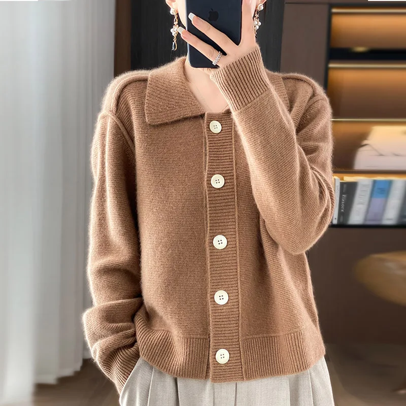 100% Merino Wool Coat Women\'s Clothing Lapel Cardigan Autumn Winter New Tops Fashionable Korean Loose Knit Shirt Long Sleeves