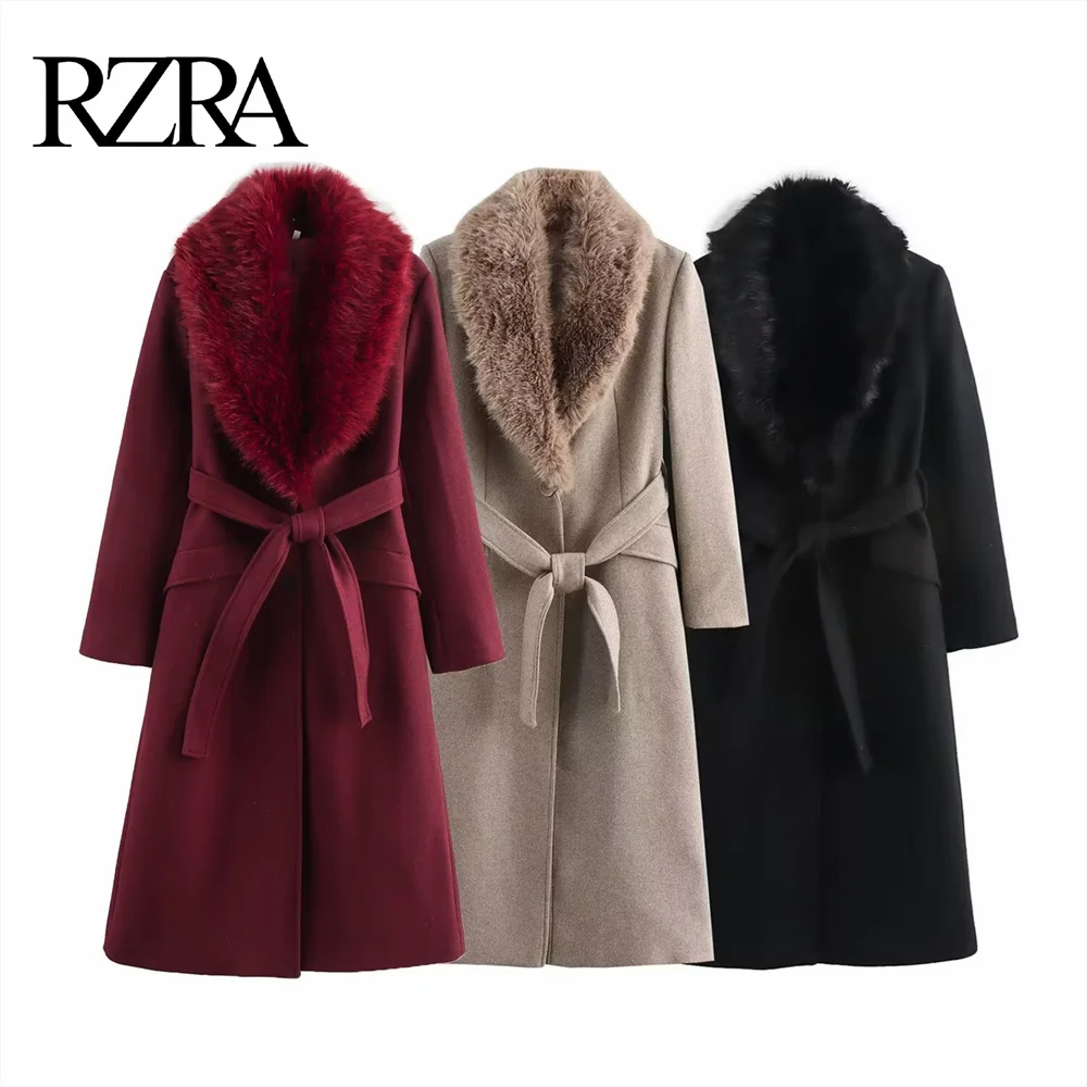 2025 RZRA Spring New Women's Fashion Casual Style Loose Long Sleeve Single breasted Flip Fur Collar Belt Coat