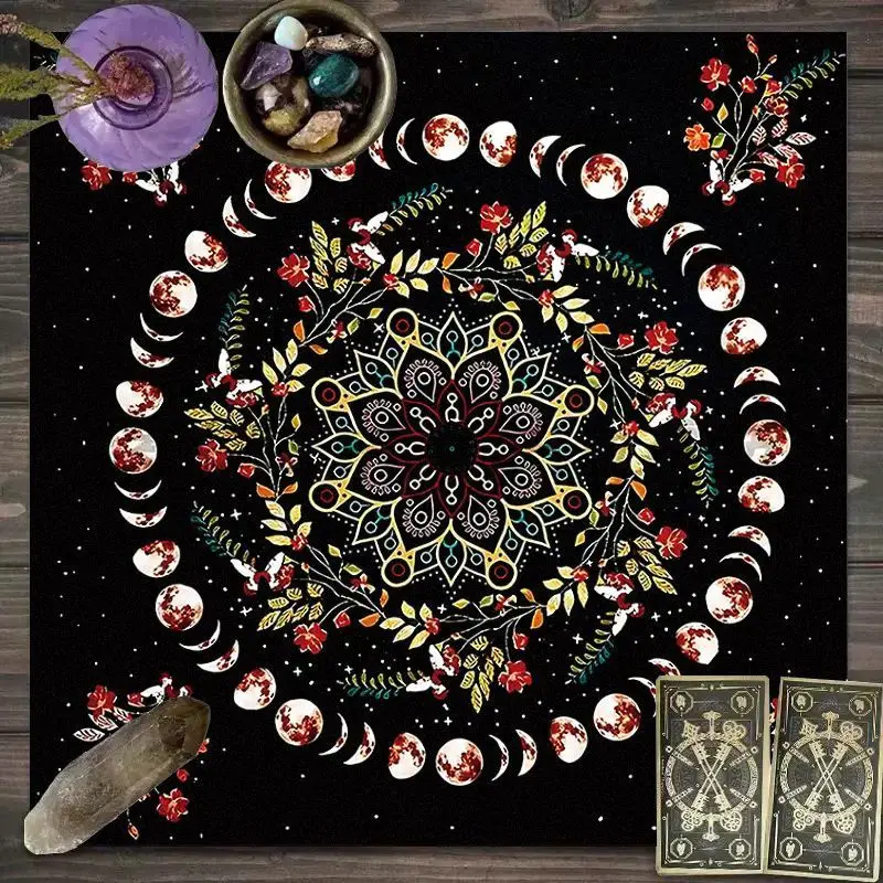 VIKAMA Flower Branch Pentagram Tarot Tablecloth, Mystical Divination Altar Cloth Ceremonial Table Cushion Background