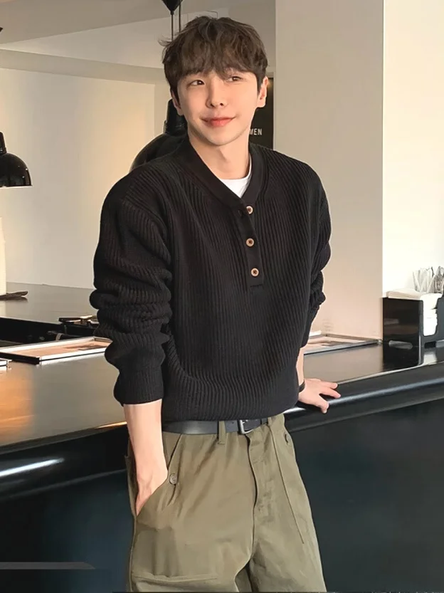 

Loose Long Sve Knitted Sweater Henry Collar Men's American Sle Trendy Brand Woolen Coat Casual Breathable Soft Fabric