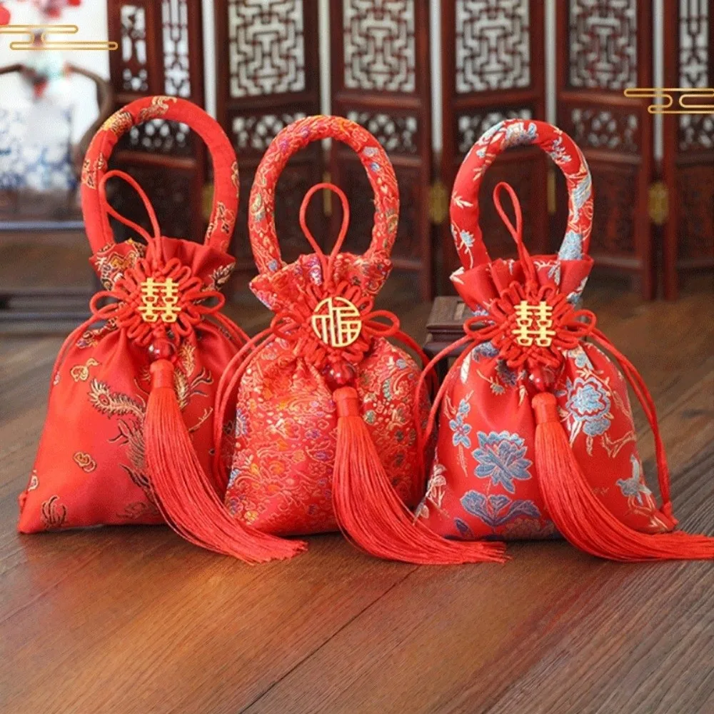 

Chinese Style Canvas Flower Drawstring Bag Phoenix Dragon Chinese Knot Tassel Handbag Wrist Bag Coin Purse Wallet
