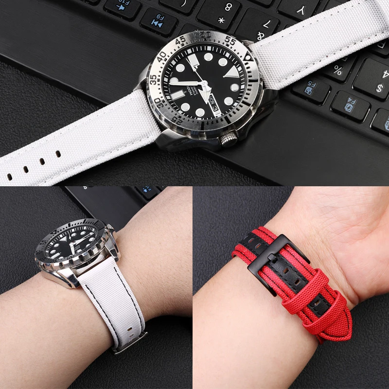 22mm New Nylon Leather Bottom Watch Band For Seiko No.5 Street Fighter Co Branded Long-SRPF19K1 SRPF20K1 Sports Strap Bracelet