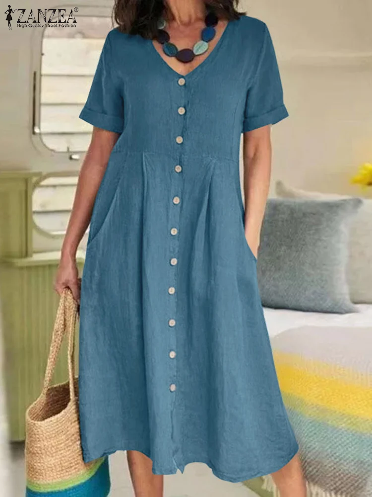 ZANZEA Summer Fashion Women Dress Solid Short Sleeve V-Neck Cotton Button Vestido Elegant Casual Oversized Midi Dresses 2023