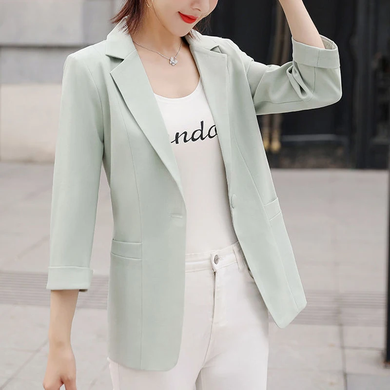 Three Quarter Sleeve Notched Skinny Blazers Solid Color Button Office Lady Business Casual Fashion Formal Women's Clothing 2023