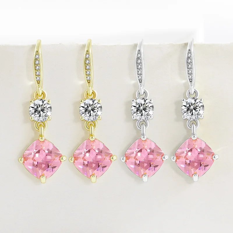 

Sweet and Simple 925 Sterling Silver Long Square Pink Crystal Zircon Pendant Women's Earrings