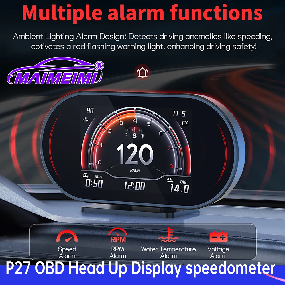 P27 Car Head up Display OBD+GPS Smart Gauge High Definition Speedometer Fuel Consumption Water Temperature Gauge
