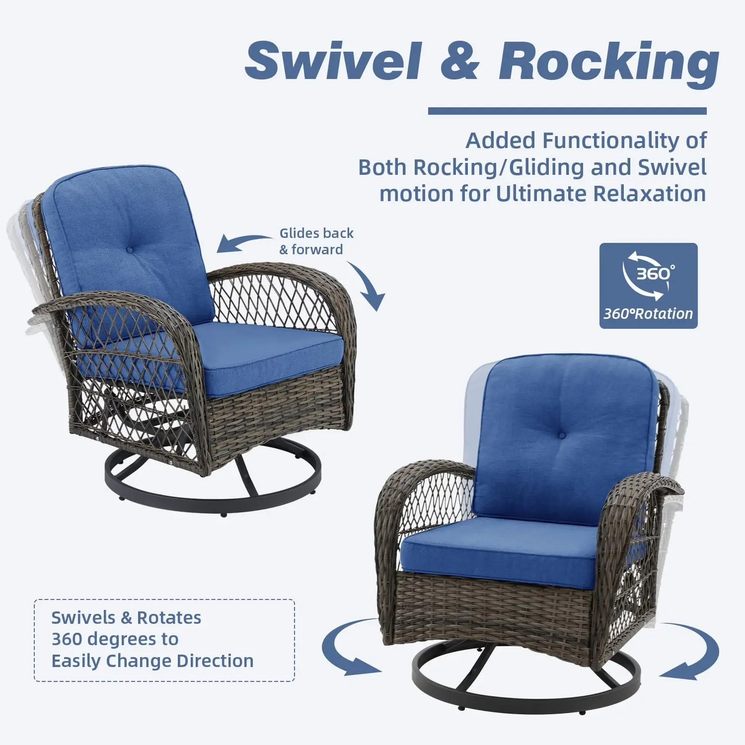 Mellcom 3 Pieces Patio Furniture Set, Outdoor Swivel Rocker Patio Chairs, Wicker Patio Bistro Set With Rocking Chair, Thickened