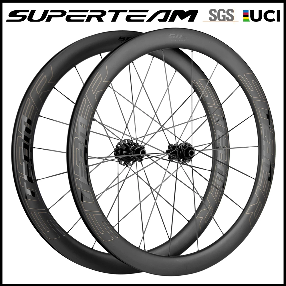 SUPERTEAM WHEELS Carbon Wheelset 50mm Road Disc Brake Wheels Carbon Spoke Wheels Tubeless