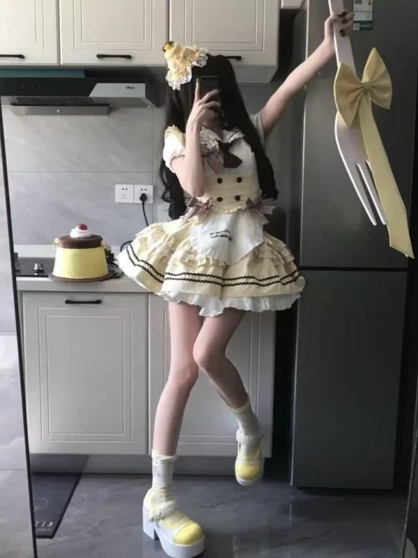 

Милая мягкая юбка в стиле Лолиты для девочек Dr irt Bubble Sve Puffy Cake Skirt Комплект из футболки ort Sve Collar Button up Faion E...