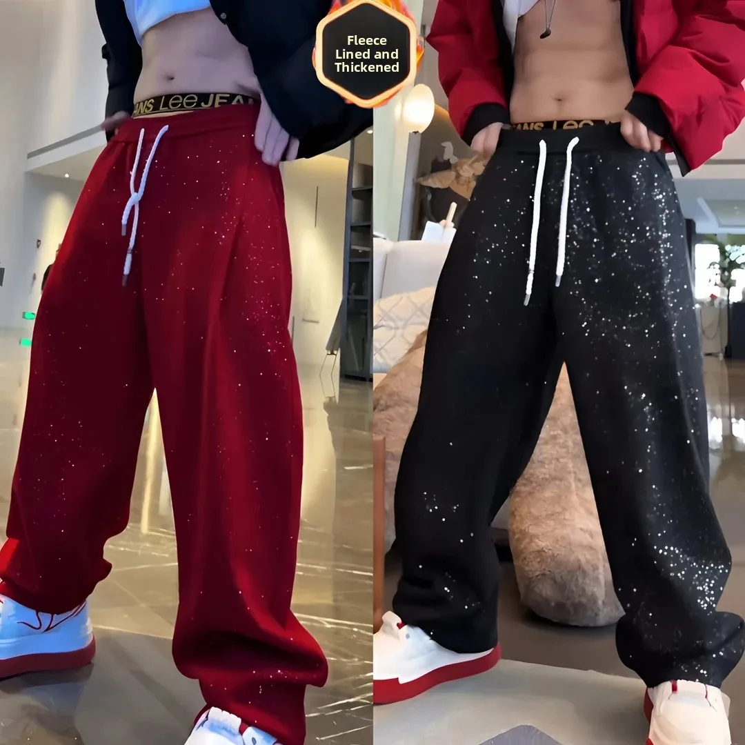 

Зимние повседневные брюки с флисовой подкладкой и светоотражающими пайетками, универсальные, свободного прямого кроя, из смесовой хлопковой ткани, молодежная мода