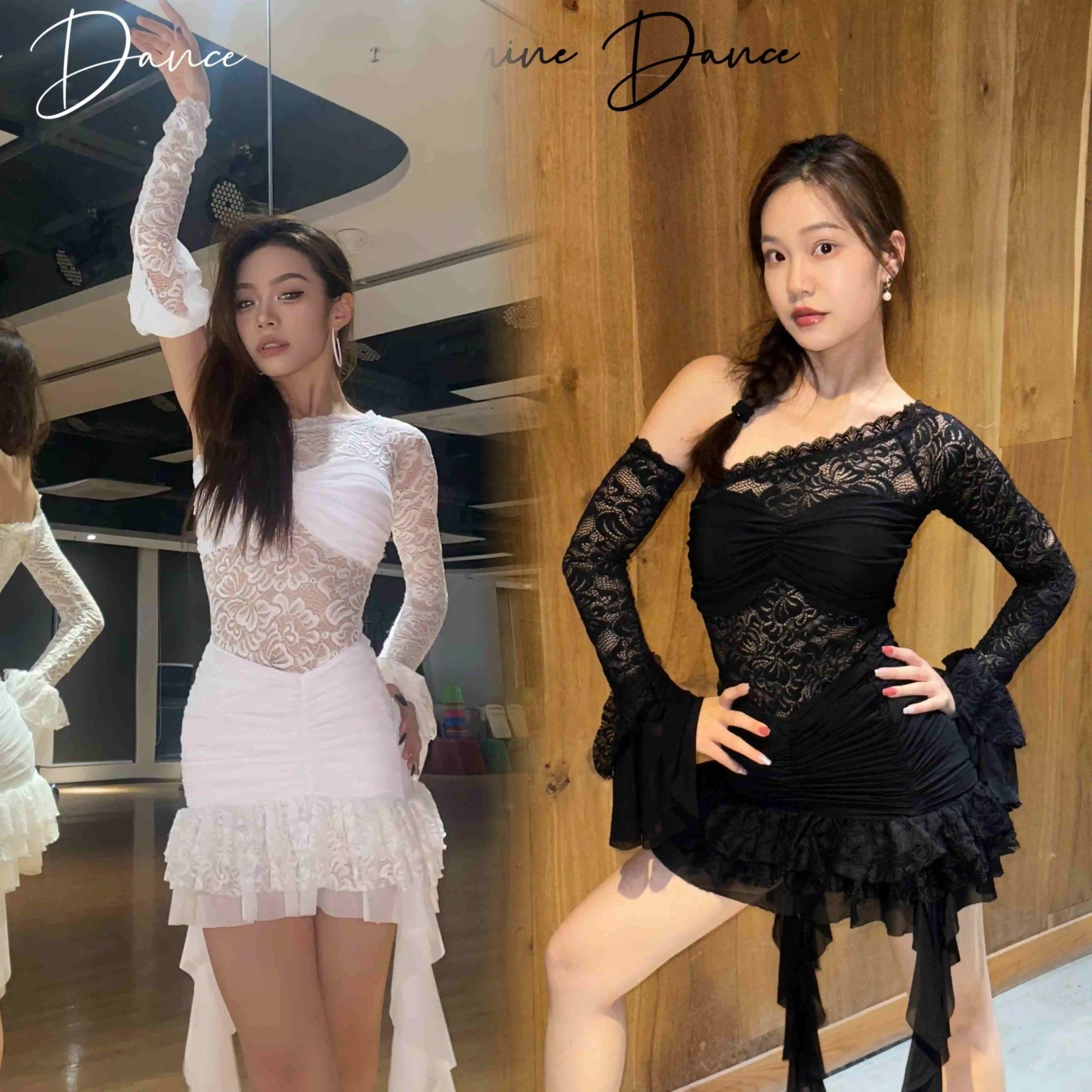 Robe de danse latine en dentelle blanche pour femmes, Sexy, épaules inclinées irrégulières, manches longues, vêtements d'entraînement de Performance pour adultes, DNV20426