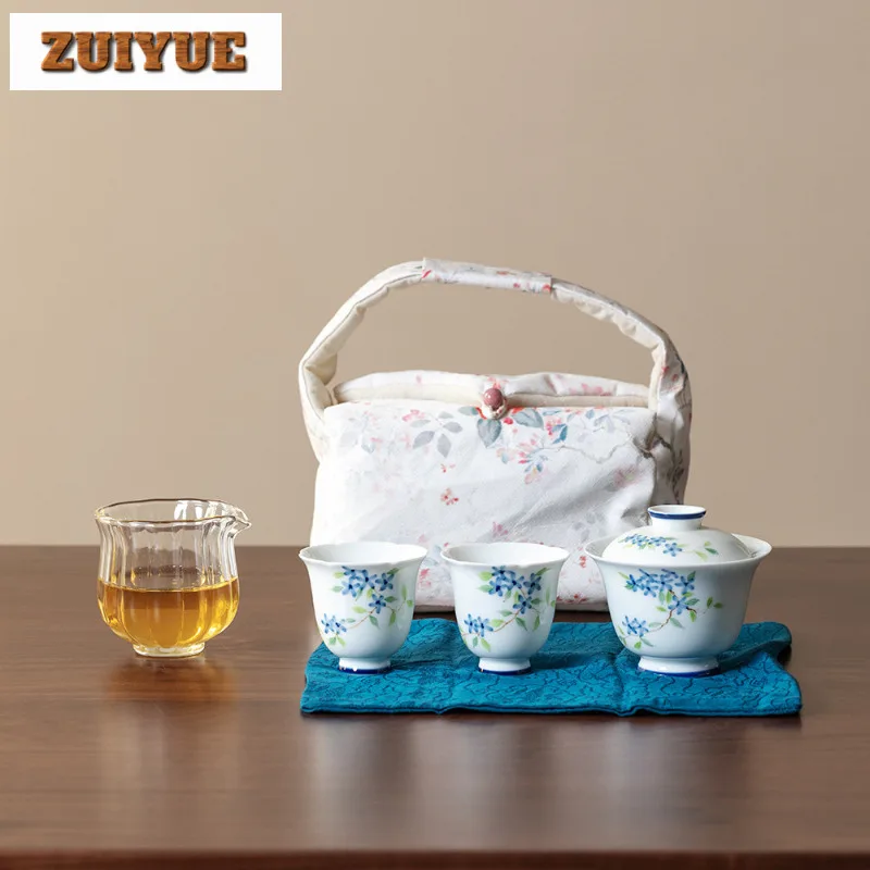 

Hand-painted Small Blue Flower Travel Tea Set Kit Elegant 1 Bowl 2 Cups Tea Making Organizer Portable Picnic Tote Bag Ornaments