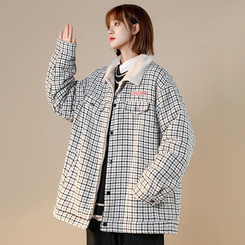 Women\'s Plaid Parka Jacket Overcoat Warm Long Sleeve Down Jackets Vintage Harajuku Korean Padded Jacket Winter 2000s 90s Clothes