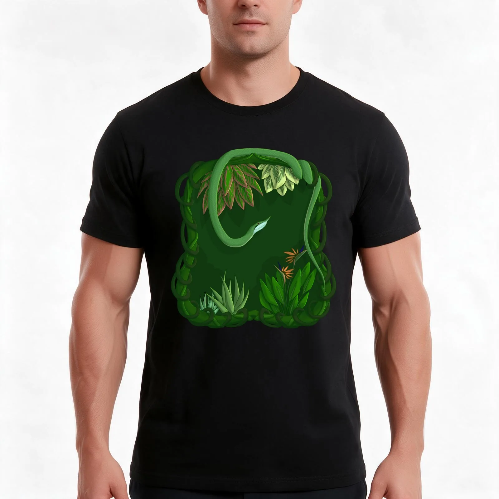 Rhino Rat snake on a Tropical frame T-Shirt, Summer Casual Cotton Tee, Oversized Streetwear Tops, Vintage Graphic Print
