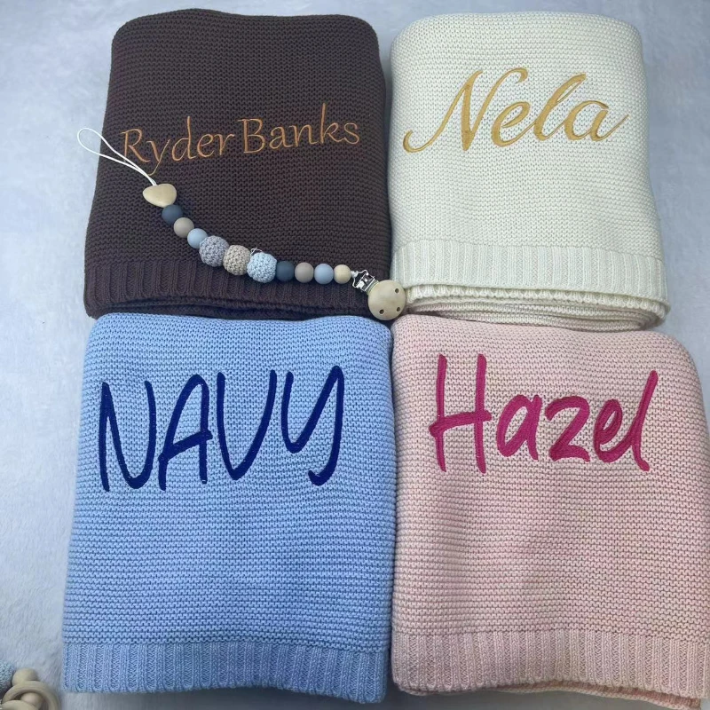 Personalized Name Knitted Baby Blanket Newborn Custom Embroidered  Swaddle Blanket Baby Shower Gift Blanket with Names