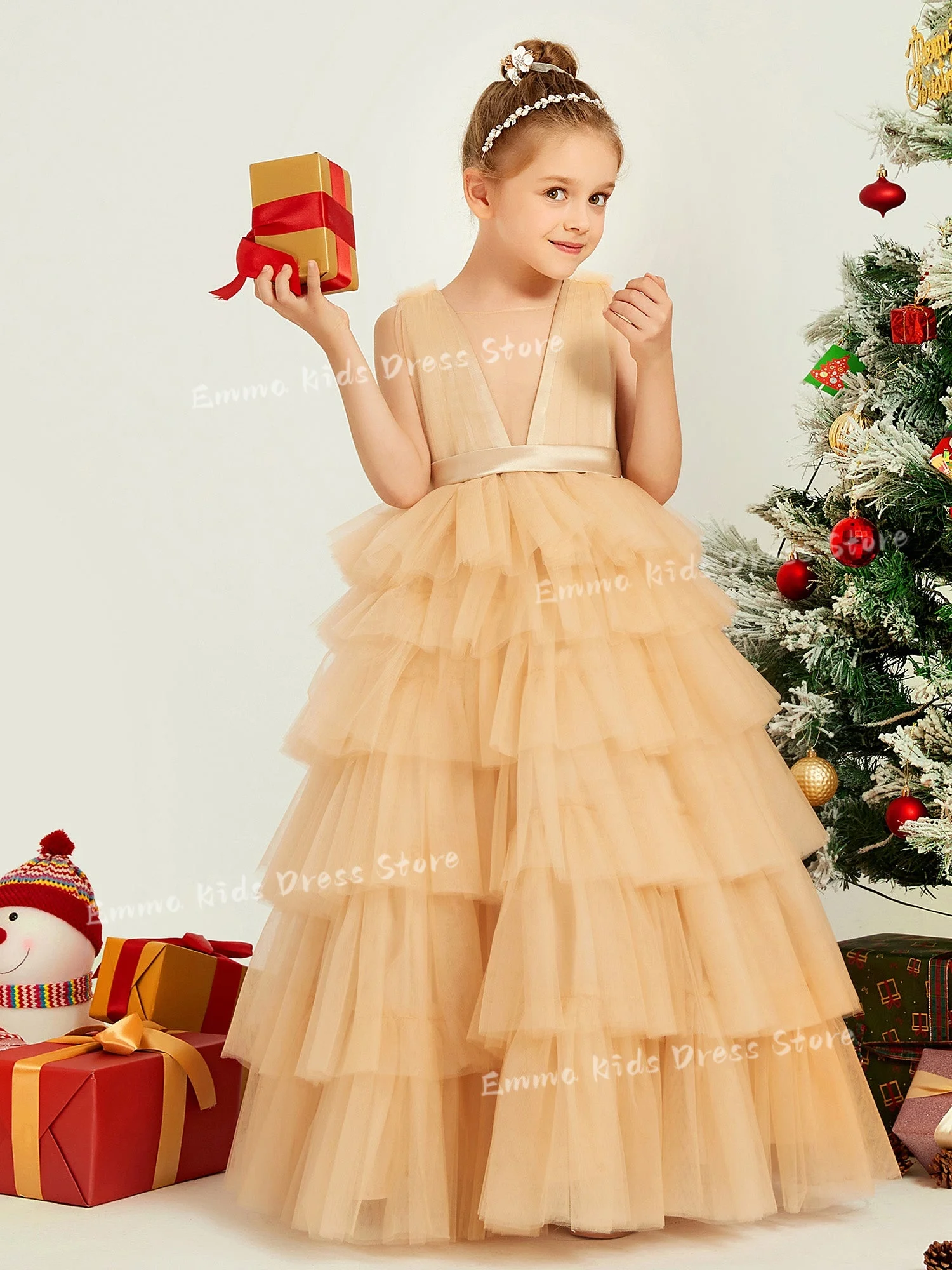 DROIS Custom Flower Girl Dress  Lace Multi-layer Wedding Bow Children’s First Communion Birthday Party Prom Dress