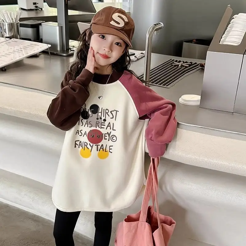 Girls' 2025 New Spring&Autumn Loose Fit Korean Style Long Sleeve Round Neck Basic Sweatshirt for Big&Small Kids