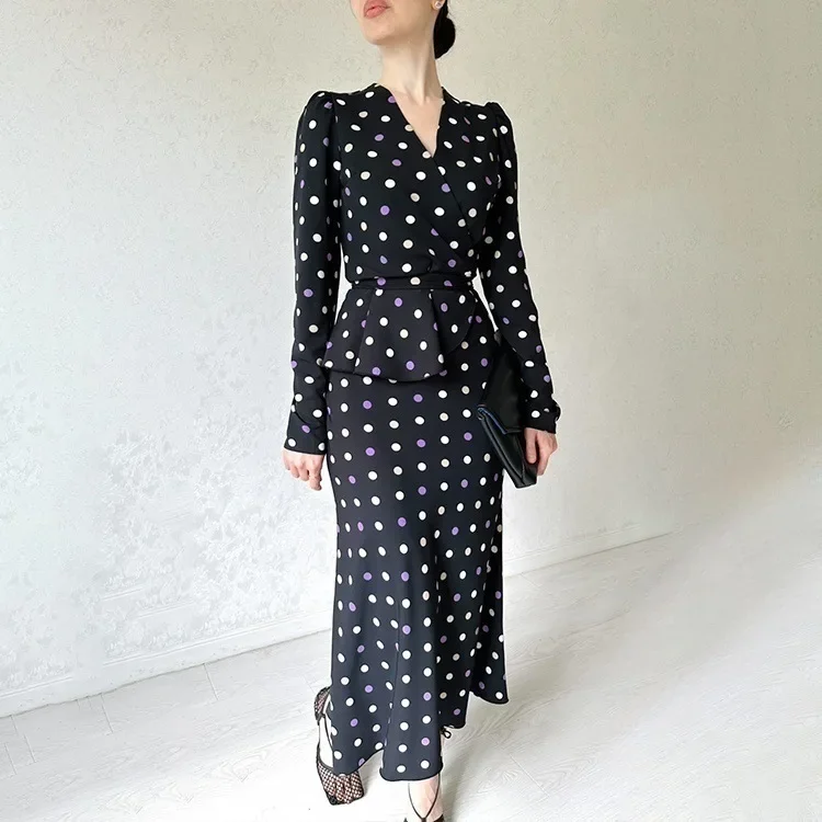 Bohemian Floral Printed Maxi Dress Elegance V-neck Dress with Hip Wrap Women Polka Dot A-line Abayas Long Sleeve Women Clothing