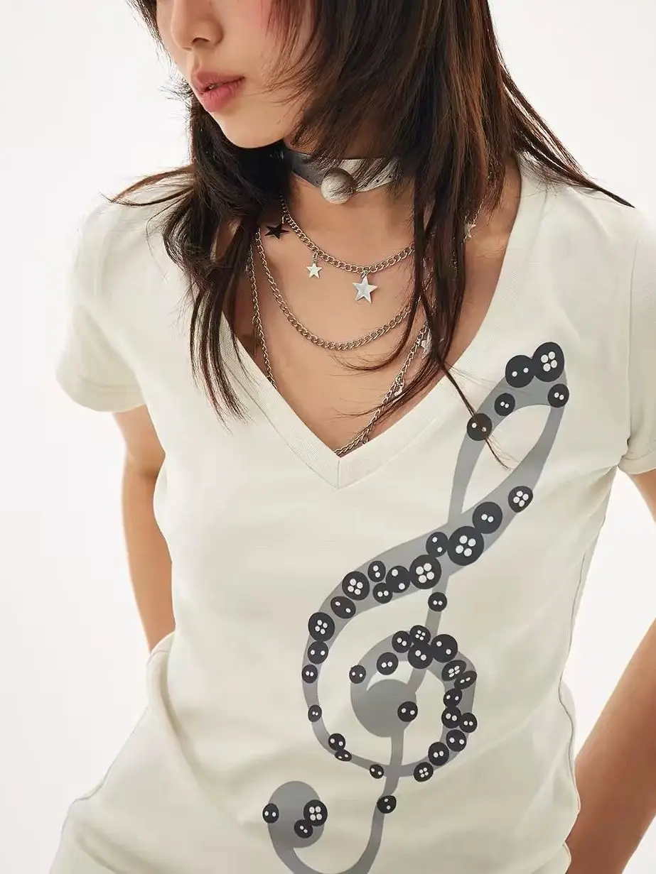 Y2K Treble Clef Graphic T Shirt Women Music Note V Neck Baby Tee Cyber Grunge Aesthetic Slim Short Sleeve Top Summer Streetwear