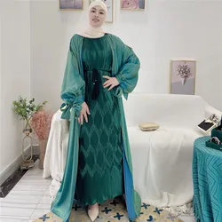 Muslim Prayer Dress Open Abaya Shiny Turkish Indian Clothing Women Puff Sleeve Female Dress Arab Abaya Moroccan Kaftan Jellabiya