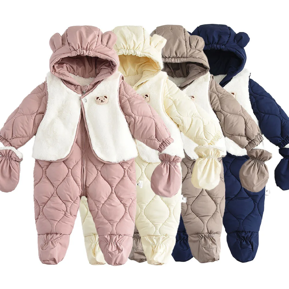

Winter Infant Babys Girls Rompers Cotton Padded Ear Hooded Toddler Girl Jumpsuit 0-2T Warm Fur Lining Footies Vest 2Pcs Snowsuit
