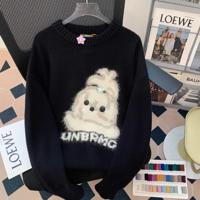 Neploe Sweet Cartoon All-match Sweater for Women Autumn Winter New Thicked Warm Pullovers Y2k O-neck Long Sleeve Tops Mujer