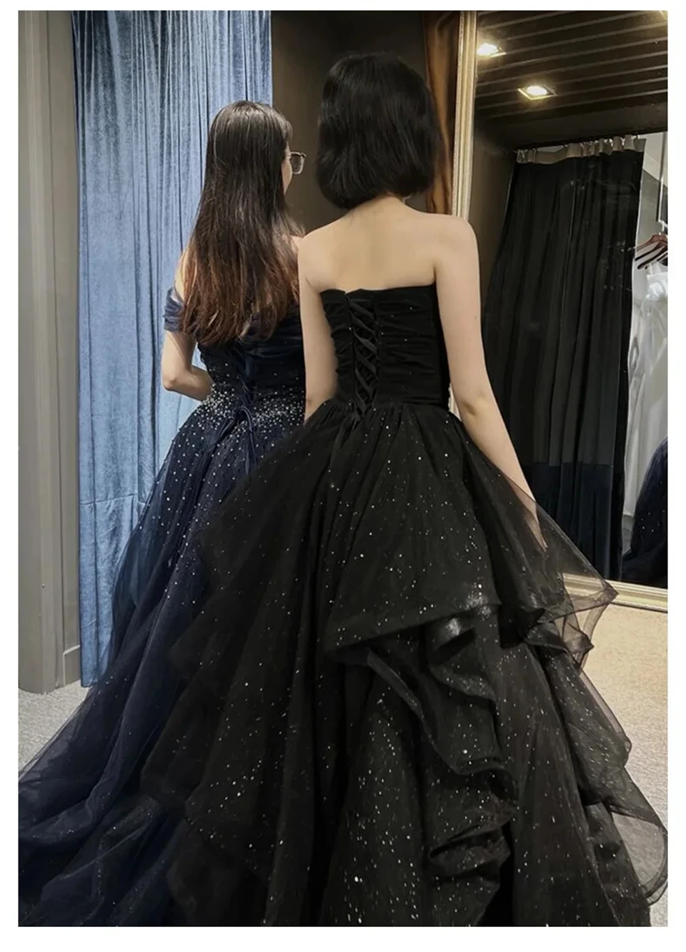 Elegant Black Strapless Tiered Glitter Sleeveless Ball Gown Evening Dresses 2024 Princess Sweep Train Prom Dresses Party Dresses