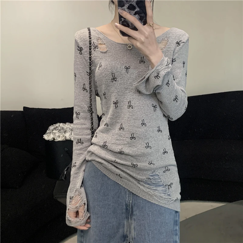   Protezione solare lavorata a maglia con nodo stampato irt Top estivo da donna con design a foro dimagrante sottile lungo in seta di ghiaccio Sve