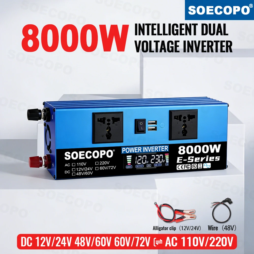 Power Inverter 6000W-10000W 12V to 110V 60Hz Car Voltage Converter 24V Current Inverter LED Display for Portable Battery Solar