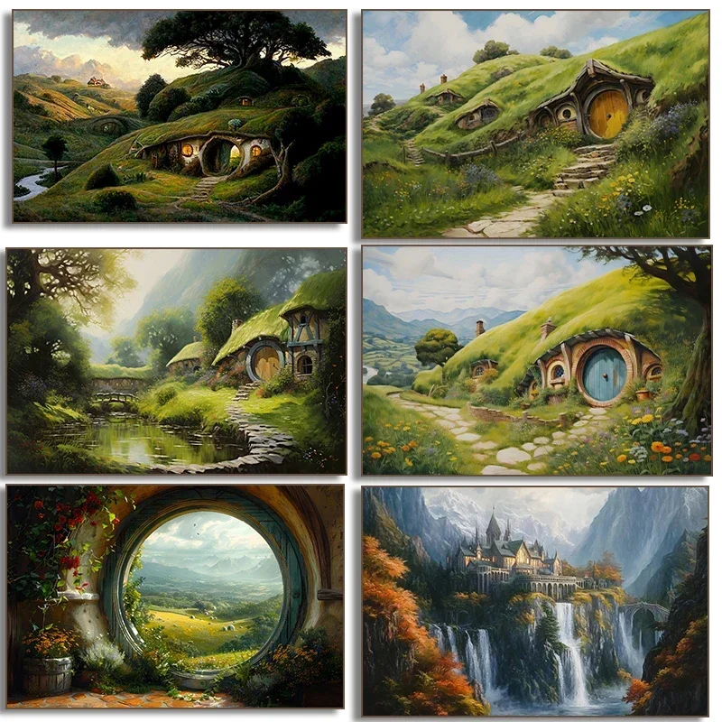 Frameless Canvas Painting H-Hobbit House Canvas Painting Art Print, Shire Landscape Wall Art, Nature Countryside Fantasy For Liv