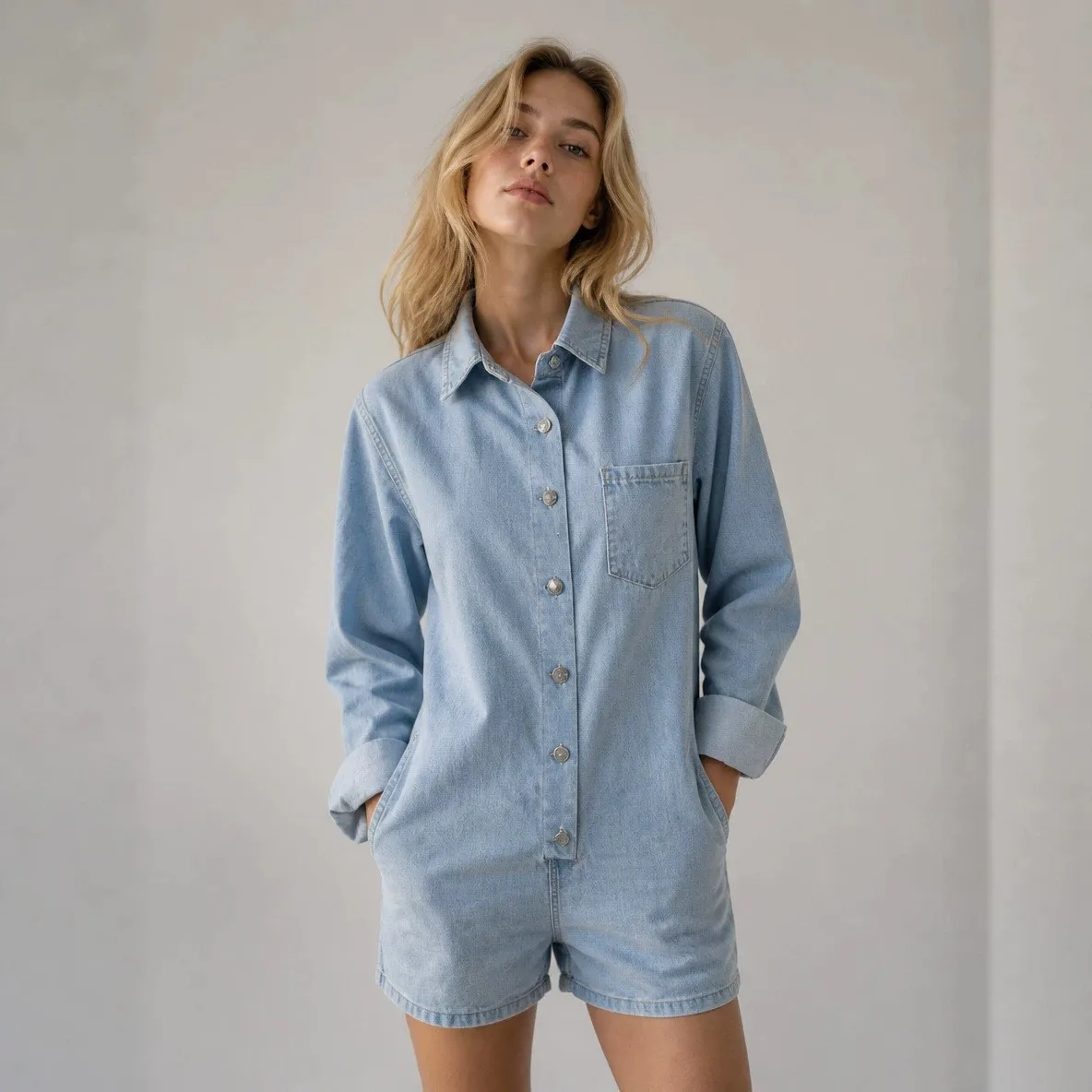Women's Long Sleeve Denim Romper with Button Detail Loose Waist Straight Leg Cropped Pants Washed Cotton Overalls For Women