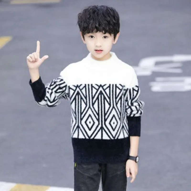 2025 Autumn Winter New Boys' Sweater Fleece-Lined Thickened Mink Cashmere Hooded Base Layer Cozy Trendy Kids' Autumn Clothing
