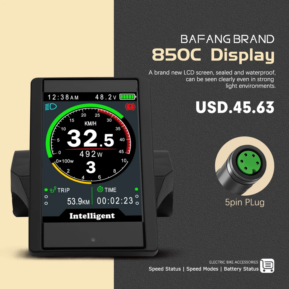 

Bafang Electric Bike Display 850C eBike Colorful Screen For 8FUN BBS ebike Mid Motor Hub Motor 0-5/0-9 PAS 5PIN Female UART