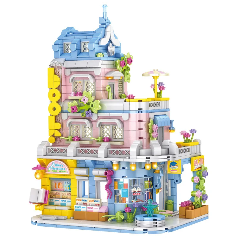City Building Blocks Library Bookstore Architecture Set House Model Desktop Decor Kids DIY Toys Christmas Birthday Gift