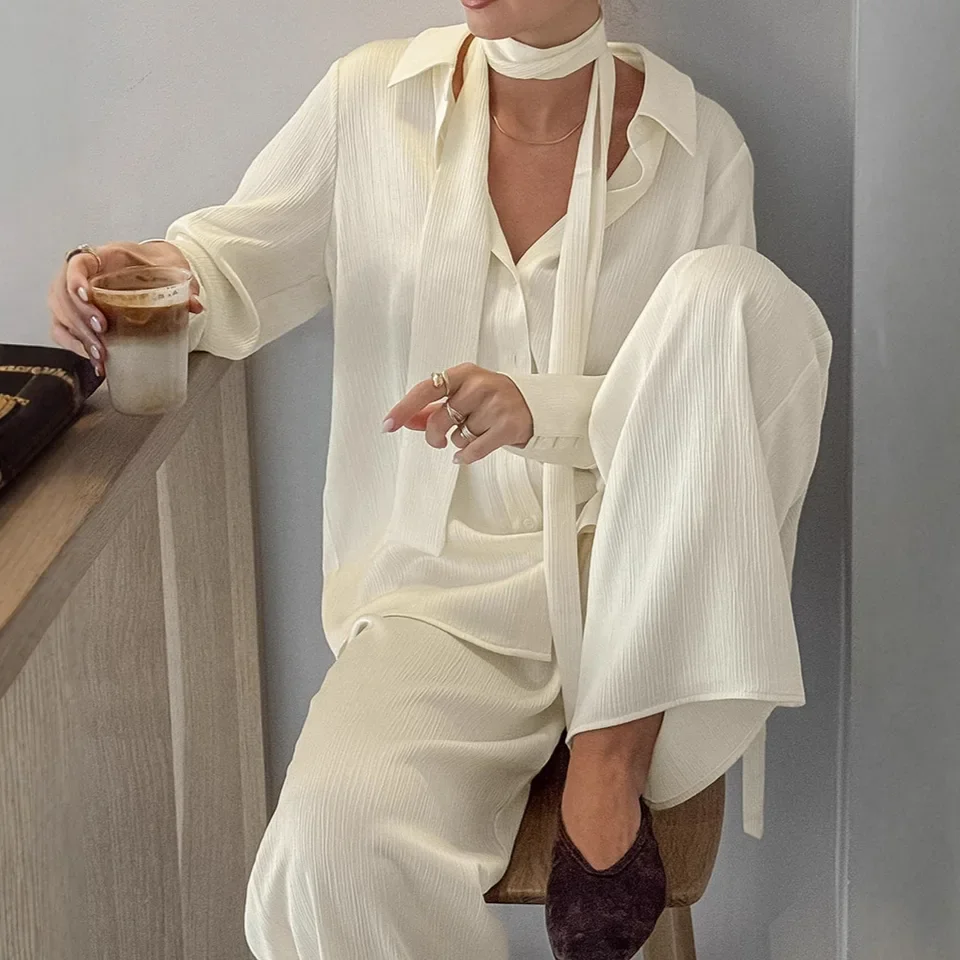 2026 Spring New Fashion Lazy Style Yellow Long Sleeve Loose Shirt Wide Leg Long Pants Casual Two Piece Set Women