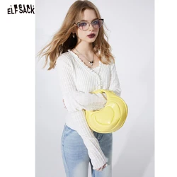 ELFSACK ruffle solid color knitwear cardigan for women 2024 spring new v-neck thin top offcie style pullovers cropped top