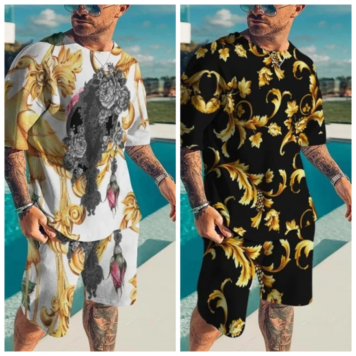 

25-26 летний хит продаж, модный тренд, роскошный костюм с 3D принтом, американская уличная дышащая быстросохнущая футболка, комплект с шортами