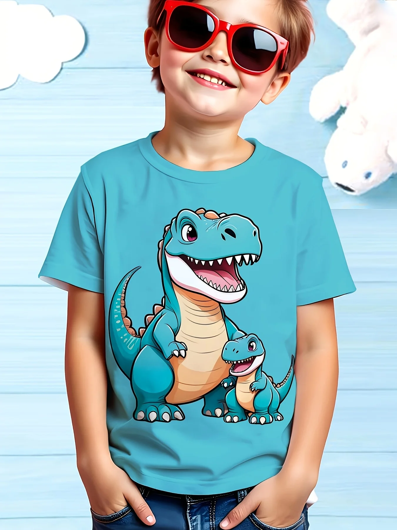 Fun Cartoon Mom Dinosaur Kids T‑Shirt, Soft Stretchy Breathable Crew Neck, Machine Washable for Summer Outdoor Daily Wear