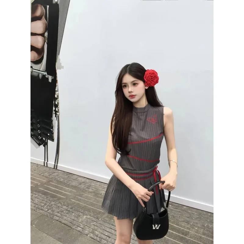 

Women's Y2K Striped Sleeveless Top and Pleated Skirt 2 Piece Summer Outfit