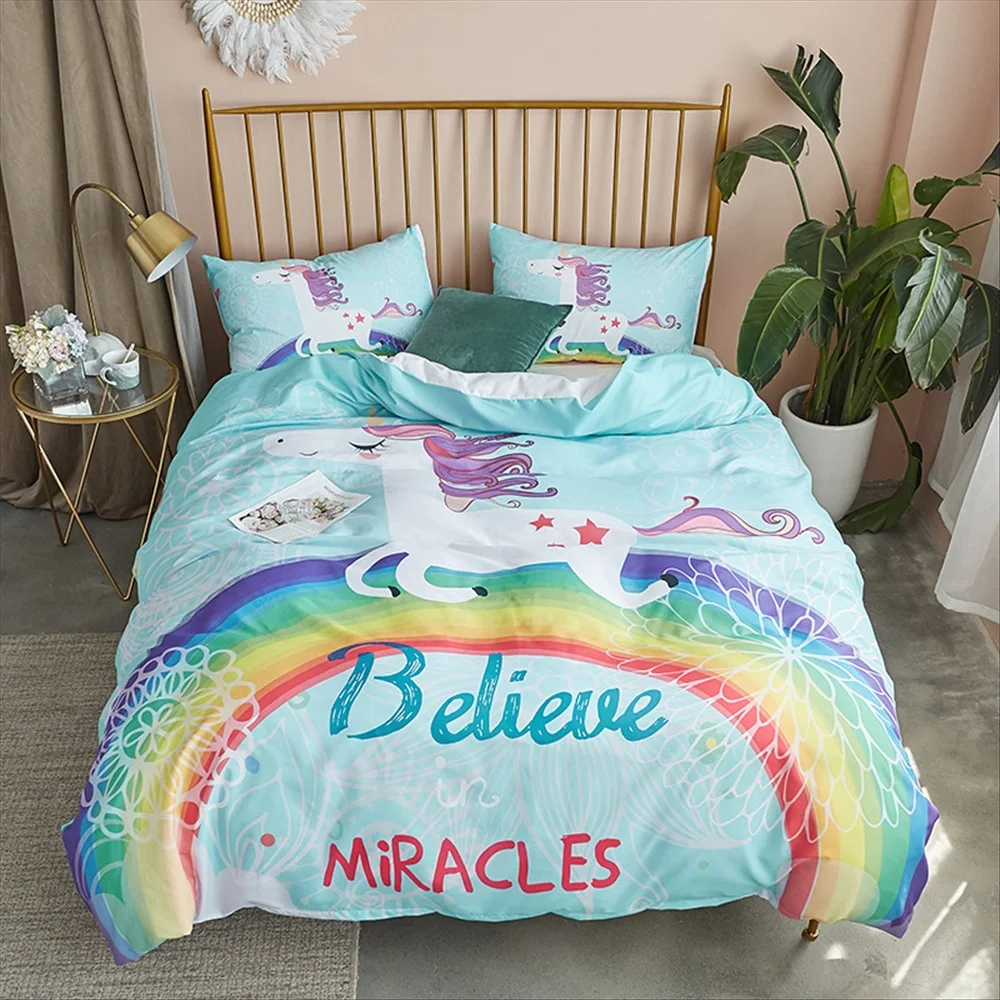 Children Bedding Sets Gifts Unicorn and Colorful Horse Printing Duvet Cover Sets for Kids Girls Boys 3pcs 140x200cm Quilt Cover