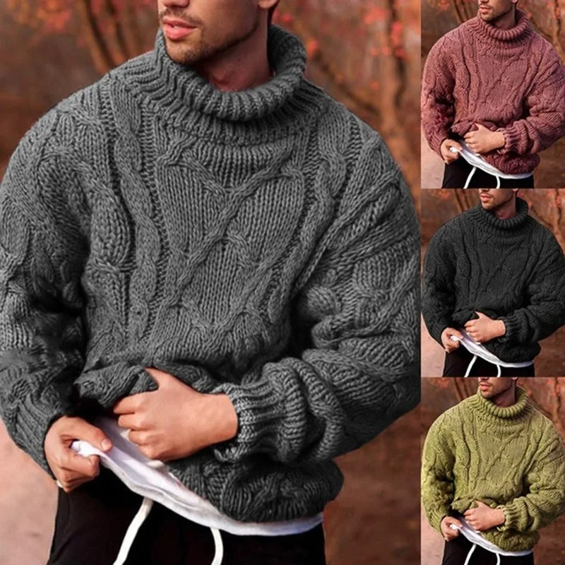 

2026 Autumn Winter Men's European American Fashion Casual Cable Knit Turtleneck Sweater