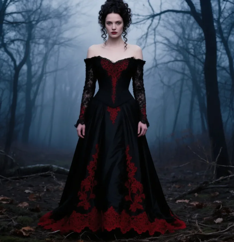 Verspieltes schwarzes Gothic-Hochzeitskleid mit roter Spitze, schulterfreiem Langarm-Korsett, Satin-Vampir-Brautkleid im Civil Country-Stil